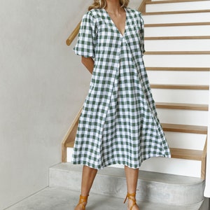 Charlotte Dress, Linen Balloon Sleeve Dress Olive Check Cotton