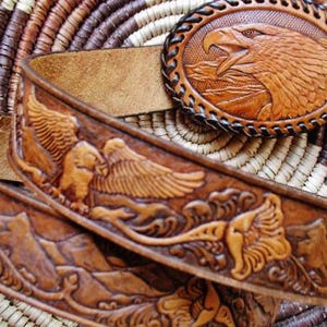 Hand Tooled Leather Western Cowboy Belt and Buckle American  display picture 2