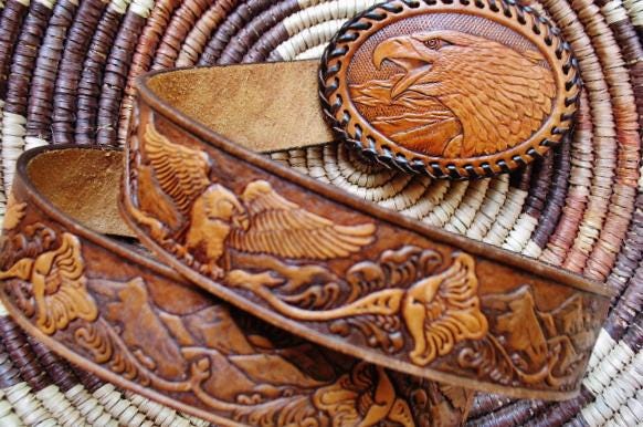 Hand Tooled Leather Western Cowboy Belt and Buckle American  display picture 1