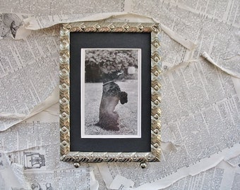 Framed Black White Glossy Photo Black Dog in Midcentury Silver Tone Metal Frame Shelf Art 5x7 Frame  "Trickster"