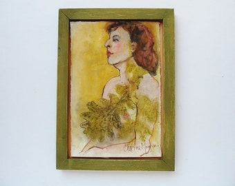 Framed Hand Painted Original Mixed Medium Female Figure Nude Portrait Small Wall Art "Gathering Leaves"