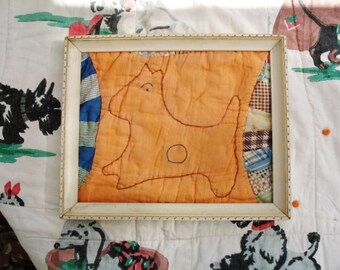 Framed Remnant Piece 30s Hand Stitched Quilt Scotty Dog Small Wall Art