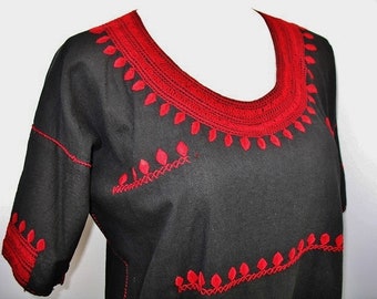 Souvenir Handmade in Oaxaca Mexico Hand Embroidered Short Sleeve Black Muslin Red Thread Blouse