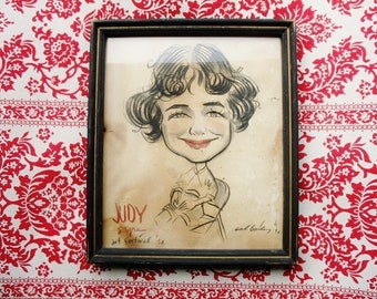 Vintage 50s Framed Midcentury Fair Souvenir Caricature Portrait  "Judy"  Wall Art