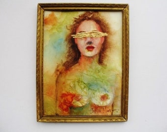 Framed Hand Painted Original Watercolor Mixed Medium Female Nude Portrait "Grounding" Small Wall Art 9x7