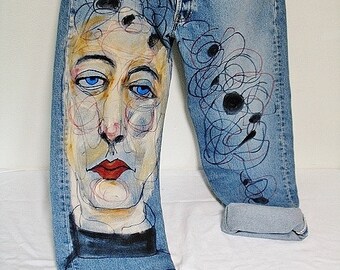 Upcycled Hand Painted Levi's 501 Blue Denim Jeans 36x30