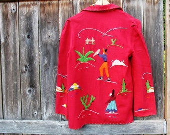 Vintage 50s Made in Mexico Hand Embroidered Souvenir Red Wool Jacket Small