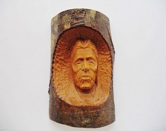 Vintage Hand Carved Solid Olive Wood Branch Jesus Face Christ Head Relief Shelf Wall Art