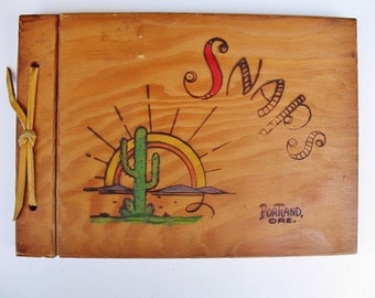 Vintage 1950s Souvenir Portland Oregon Wood Burned Wood Snaps Photo Album Scrapbook 10x7