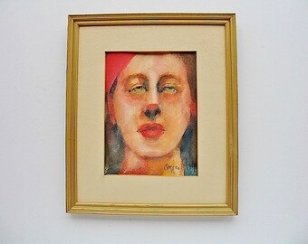 Framed Hand Painted Original Water olor Painting Female Head Portrait  "Red Beanie" Small WAll Art 8x10