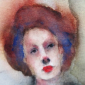 May include: Watercolor painting of a person with red hair and a blue and red hat. The person has a white face with red lips and blue eyes.
