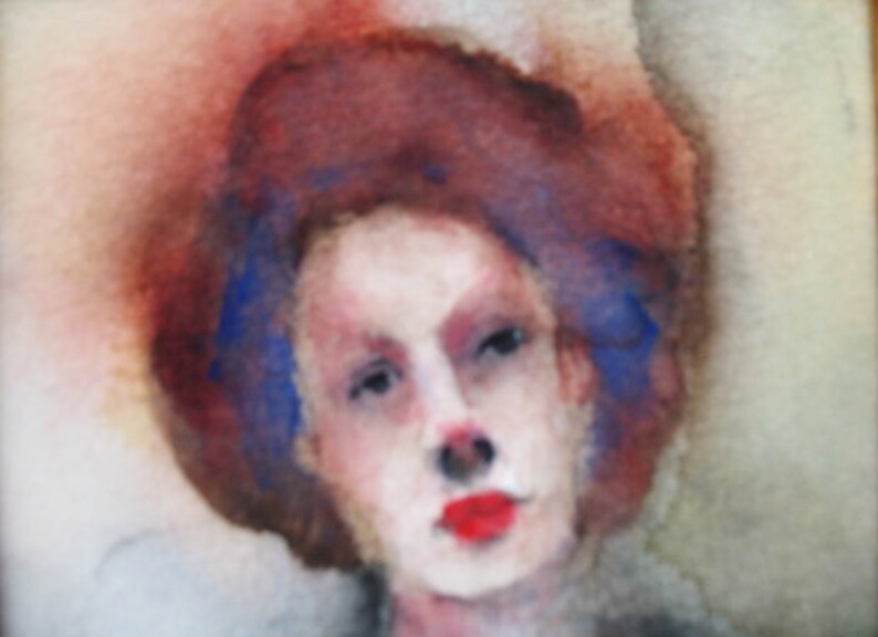 May include: Watercolor painting of a person with red hair and a blue and red hat. The person has a white face with red lips and blue eyes.