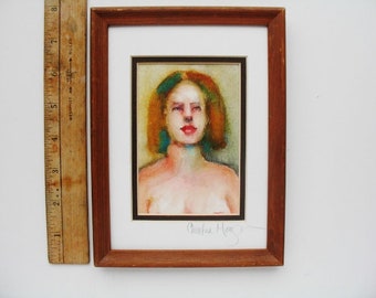 Framed Hand Painted Original Watercolor Painting Small Wall Art Female Portrait "Minimalist"