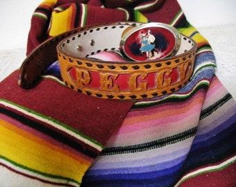 Vintage Womens Western Tooled Leather Hand Laced Belt "Peggy" Square Dance Silver Tone Metal Buckle 24-27" Waist