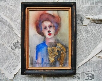 Framed Hand Painted Original Watercolor Painting Expressionist Female Head Portrait Small Wall Art  8x6 "The Slow Burn"