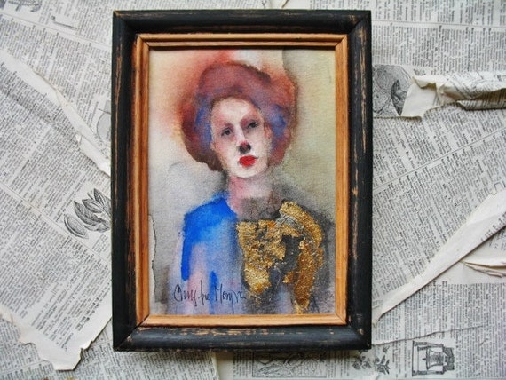 Framed Hand Painted Original Watercolor Painting Expressionist Female Head Portrait Small Wall Art  8x6 "The Slow Burn"