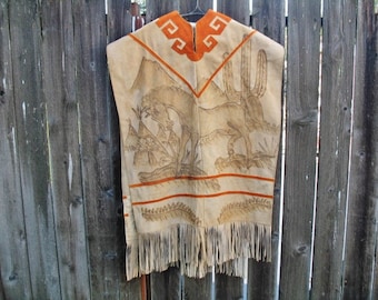 Vintage 1970s Souvenir Made in Mexico southwest Hand Burned Horse Drawing Suede Poncho with Fringe