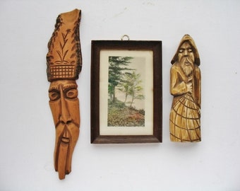 Two Vintage Hand Carved Wood Folk Art Figurines aTree Spirts nd  Vintage Framed Tree Photo Postcard