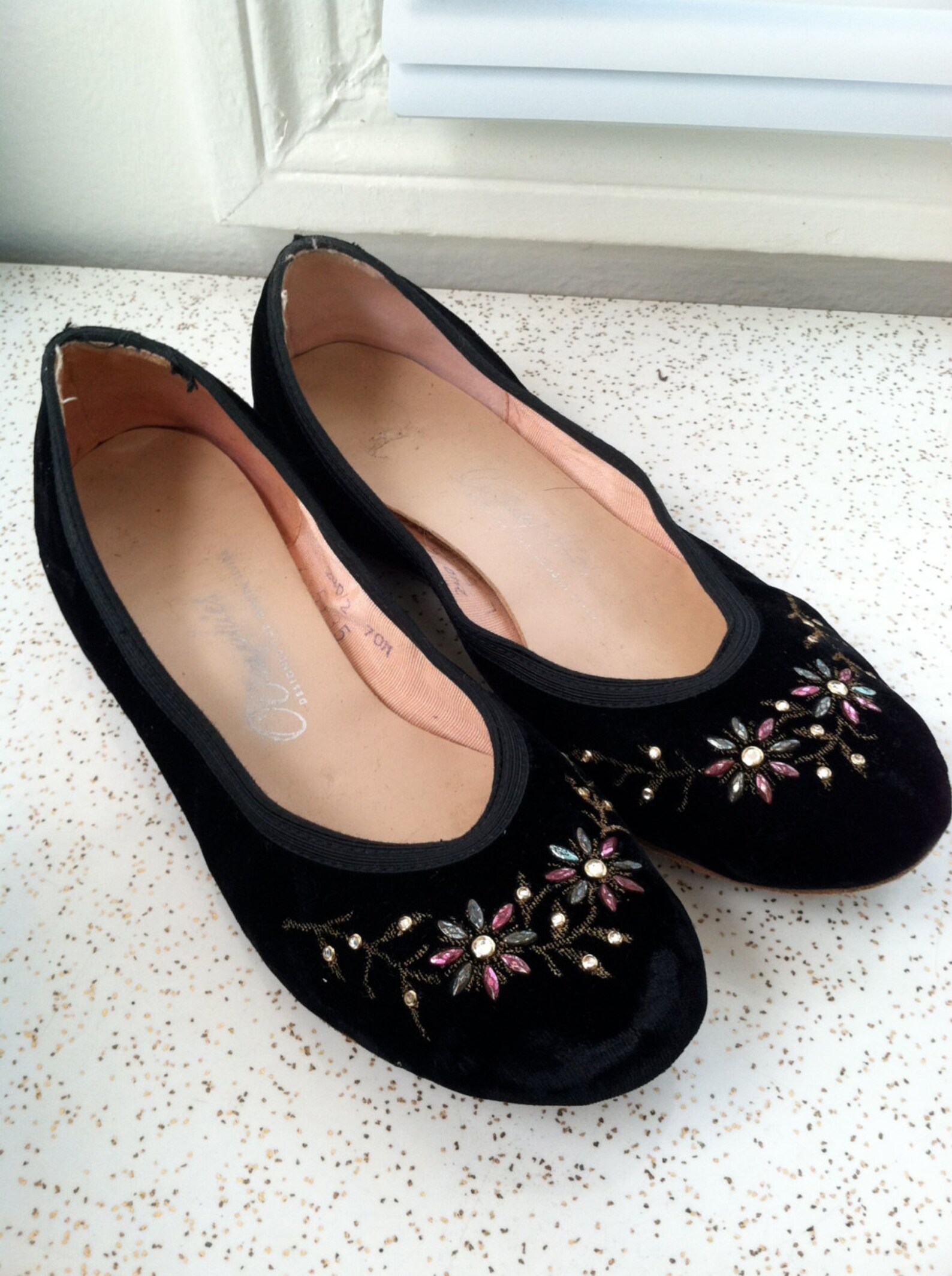 vintage black velvet 1950s rockin' lil jiving ballet flats w/ rhinestones & colored studs- designer 50s velour swing shoes s