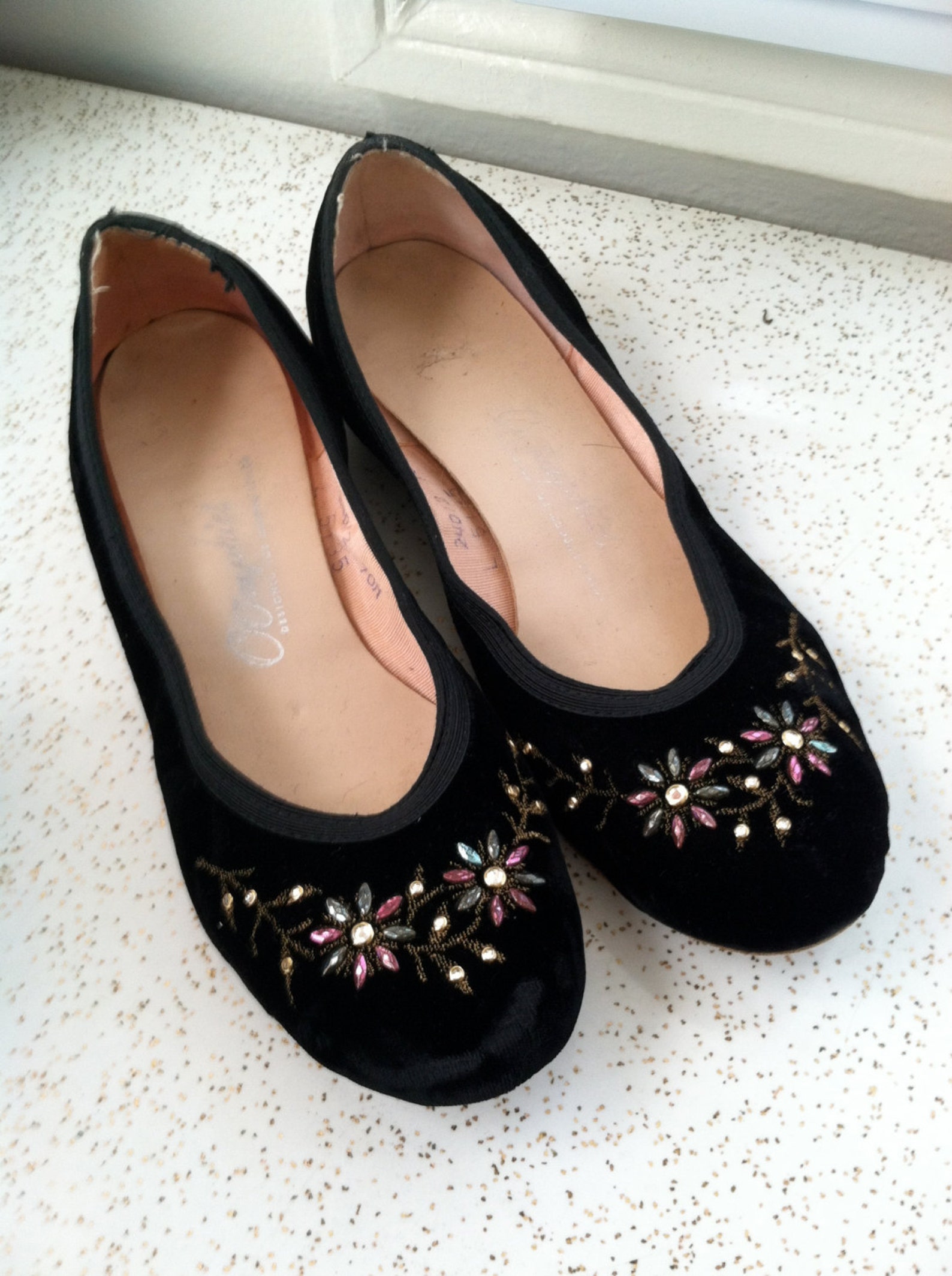 vintage black velvet 1950s rockin' lil jiving ballet flats w/ rhinestones & colored studs- designer 50s velour swing shoes s