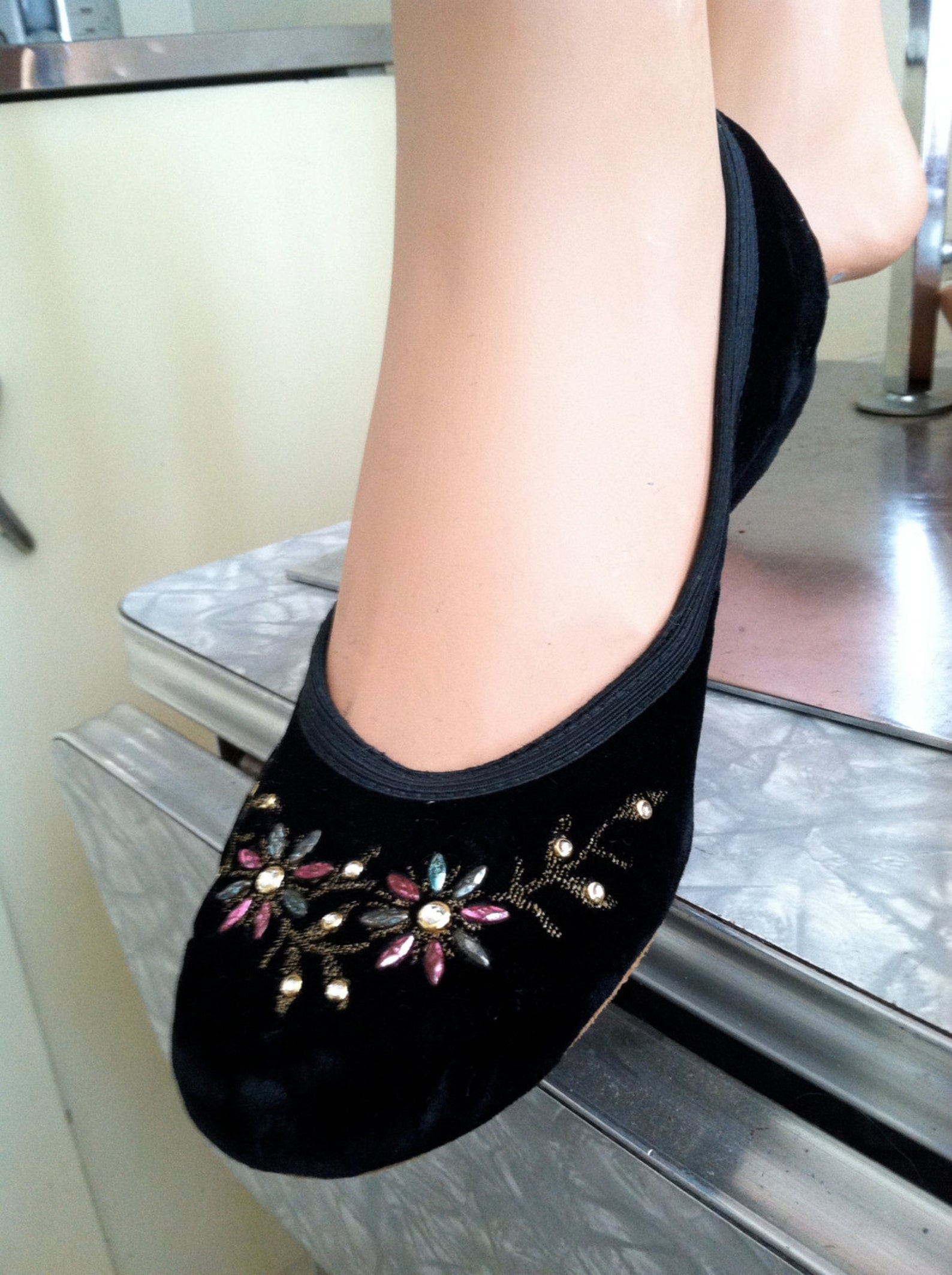 vintage black velvet 1950s rockin' lil jiving ballet flats w/ rhinestones & colored studs- designer 50s velour swing shoes s