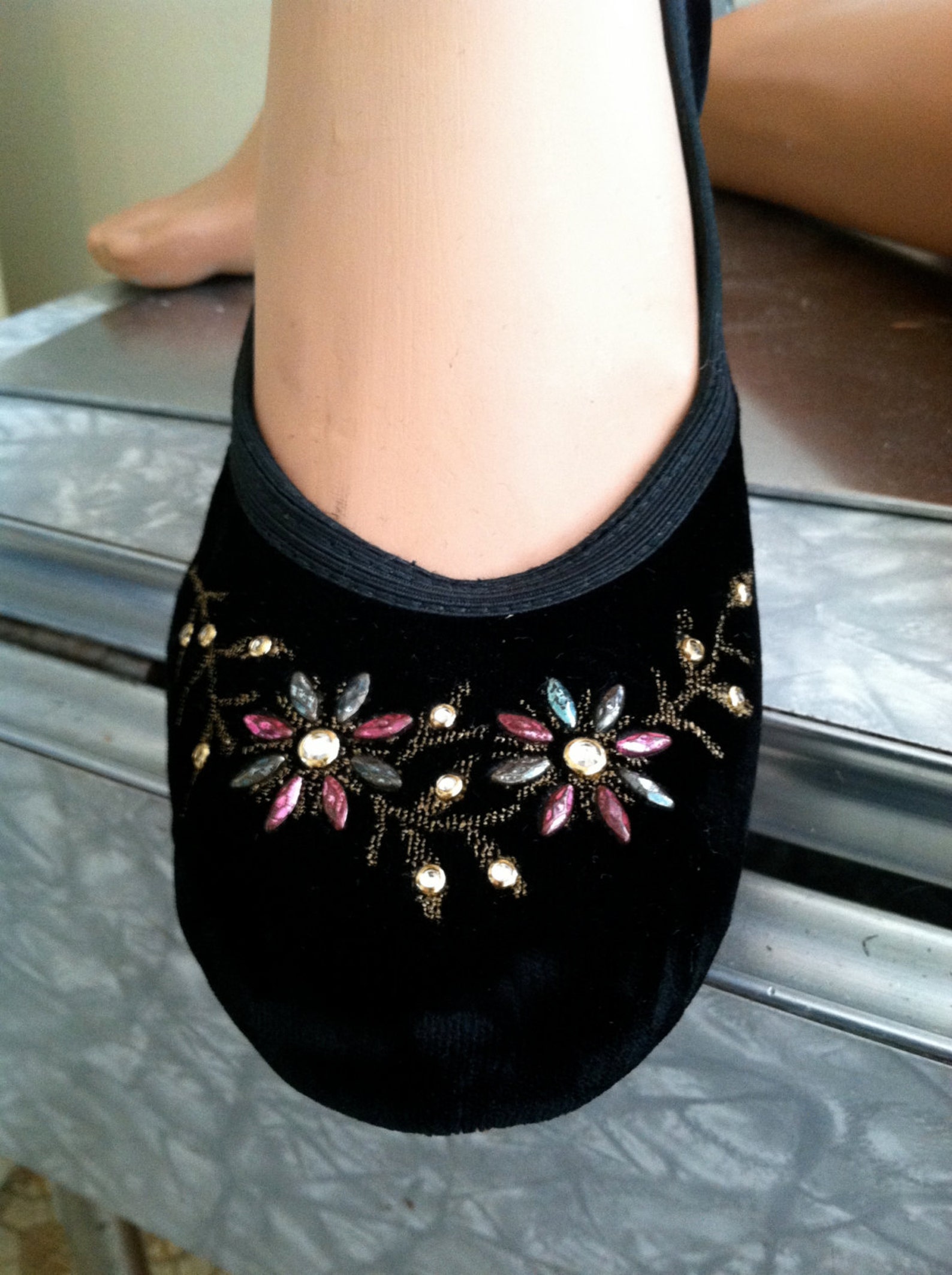 vintage black velvet 1950s rockin' lil jiving ballet flats w/ rhinestones & colored studs- designer 50s velour swing shoes s