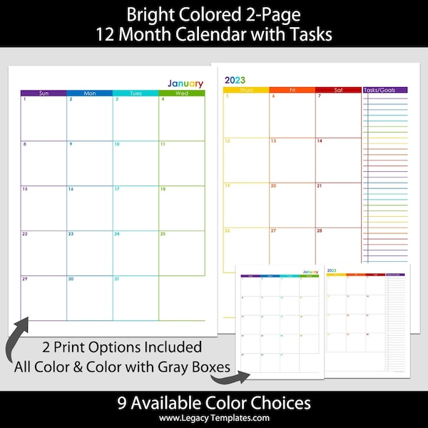 2023  12-Month 2-Page Bright Colors Calendar – letter size 8 1/2″ x 11"