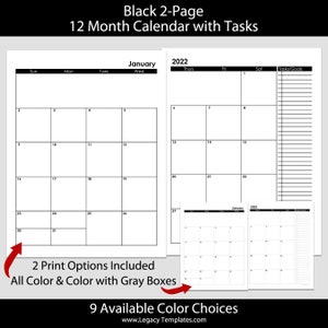 2022  12-Month 2-Page Black and White Calendar – letter size 8 1/2″ x 11&quot;