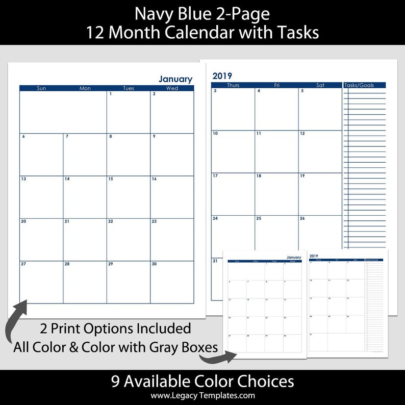 2019 /& 2020 24-Month 2-Page Navy Calendar \u2013 letter size 8 12\u2033 x 11
