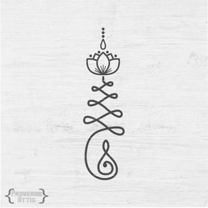 May include: A black and white line drawing of a lotus flower with a single drop of water above it. The flower is surrounded by a series of intertwined loops.