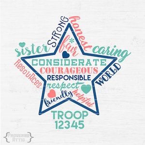 SCOUTS Girl Inspirational STAR with Custom Troop Number for iron-on vinyl decal tshirt screenprint, printable Digital Files Svg png eps dxf