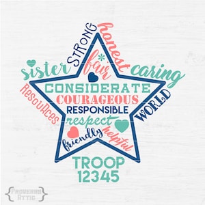 SCOUTS Girl Inspirational STAR with Custom Troop Number for iron-on vinyl decal tshirt screenprint, printable Digital Files Svg png eps dxf