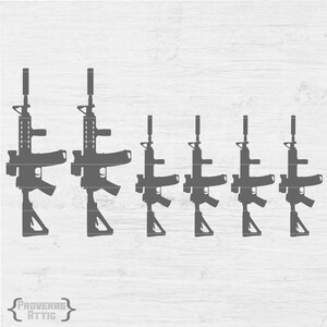 May include: A series of six gray rifle silhouettes are arranged vertically on a white wood-grain background. The rifles vary slightly in design, with details like scopes and suppressors. The text "PROVERBS ATTIC" is at the bottom.