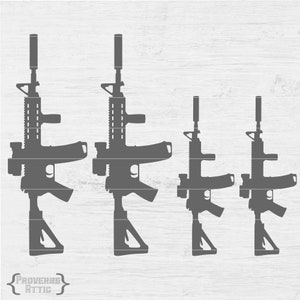 May include: Four gray silhouette images of rifles with attached suppressors, arranged from largest to smallest. The rifles are set against a white wood-grain background. The text "Proverbs Attic" is at the bottom.