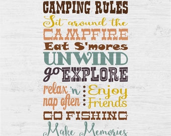 CAMPING RULES campground camp outside sign vinyl art decal cutting printable signs prints Digital Instant Download Svg png eps dxf