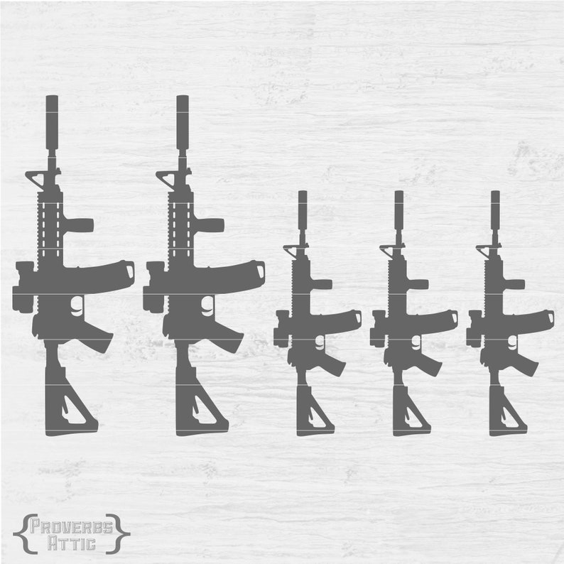 May include: A series of gray silhouette images of rifles, each with a different barrel length, are arranged on a white wood-grain background. The image includes the text "Proverbs Attic" at the bottom.