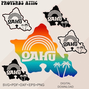 May include: A digital download graphic featuring the island of Oahu in a retro style. The design includes a rainbow, the word "OAHU," and palm trees. The color scheme transitions from orange to blue. The image also includes the text "PROVERBS ATTIC."