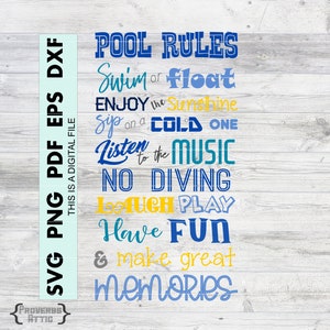 May include: A digital file with pool rules in blue, teal, and yellow text on a white wood-grain background. The text includes phrases like "Swim or float," "Enjoy the Sunshine," and "Have FUN & make great memories."