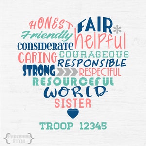 SCOUTS Mädchen Inspirational Heart mit benutzerdefinierter Troop-Nummer für Bügel-Vinyl-Aufkleber-T-Shirt Siebdruck, druckbare digitale DateienSvg png eps dxf