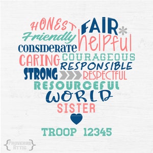 SCOUTS Girl Inspirational Heart with Custom Troop Number for iron-on vinyl decal tshirt screenprint, printable Digital Files Svg png eps dxf