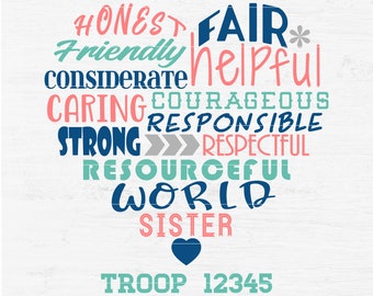 SCOUTS Girl Inspirational Heart with Custom Troop Number for iron-on vinyl decal tshirt screenprint, printable Digital Files Svg png eps dxf