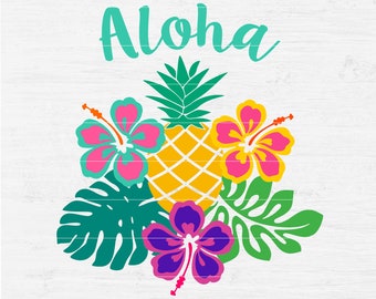Aloha Hibiscus Flower Pineapple Digital File Instant Download wall art Vinyl Decal Sticker screen print T-shirt Printable Svg png eps dxf