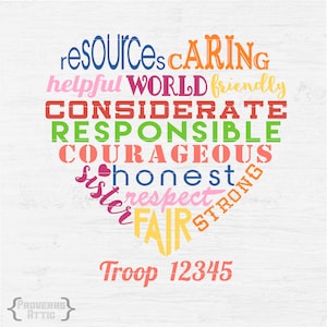SCOUT Girl Inspirational Heart with Custom Troop Number for iron-on vinyl decal tshirt screenprint, printable Digital Files Svg png eps dxf