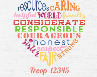 Corazón inspirador de Scout Girl con número de tropa personalizado para serigrafía de vinilo termoadhesivo, archivos digitales imprimibles Svg, png, eps, dxf