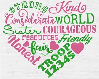 SCOUTS Girl Inspirational Heart Custom Troop Number for iron-on vinyl decal tshirt screenprint, printable Digital Files Svg png pdf eps dxf