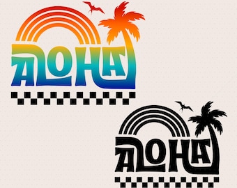 Aloha Checkered Palm Tree Rainbow Hawaii Tropical Digital Instant Download Laser Cut Print t-shirt sweatshirt  Printable Svg png eps dxf pdf