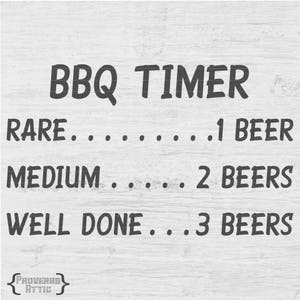May include: A humorous sign with the text "BBQ TIMER" and a list of doneness levels for meat, with the corresponding number of beers to drink while waiting.