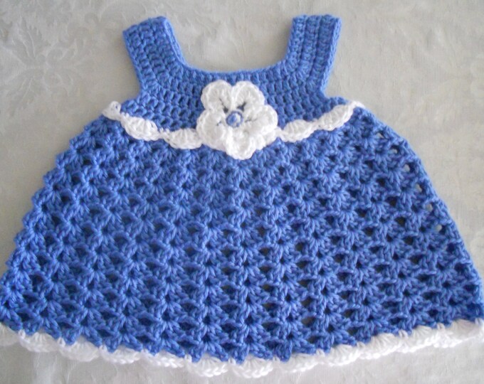 Crocheted Baby Dress 03 Month Sized in Blue With White Trim Etsy