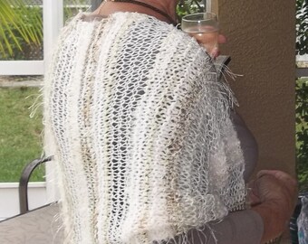 One of a Kind Fashion Shawl, Stole Hand Knit, Winter White