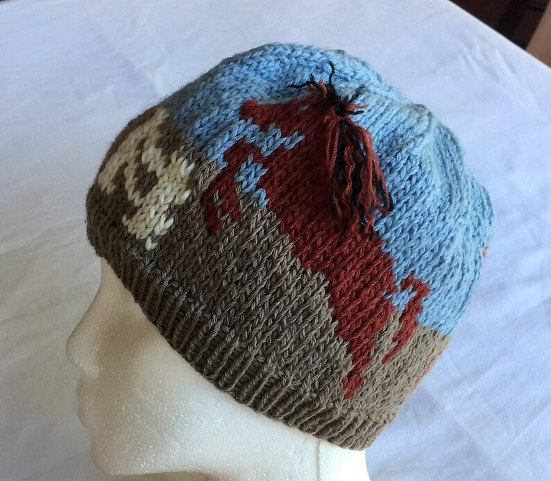 Trot Jump Run Original Design Hand Knit Three Horses Hat